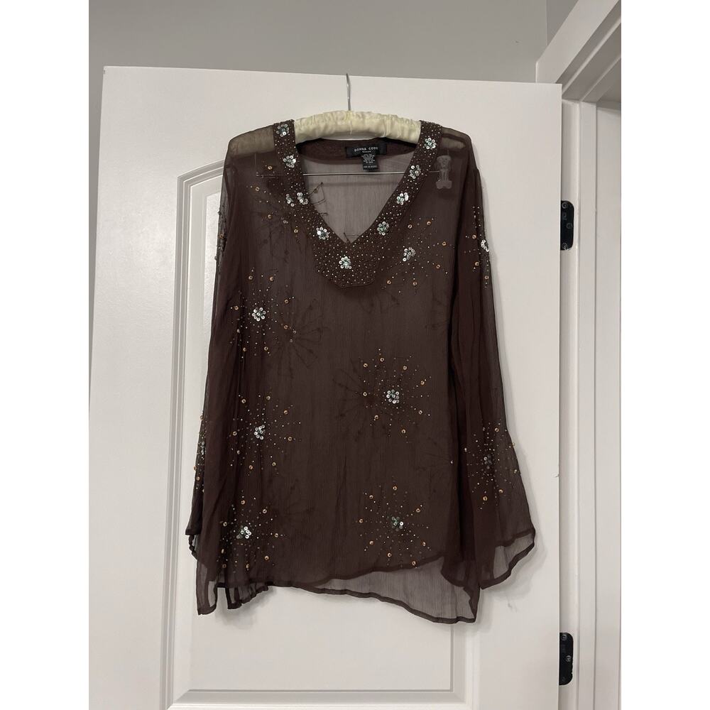 Donna Cody Silk 1X Brown Sheer Sequin Beaded V-Neck Blouse Top Whimsigoth Y2K - Picture 3 of 7